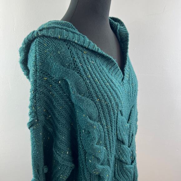 WILDFOX Pattie Green Sweater Chunky Knit V-Neck Hood Raglan Sleeve Size Large L - Picture 7 of 10